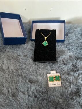 Gold-Tone Green Clover Pendant Necklace with Matching Earrings - Stainless Steel